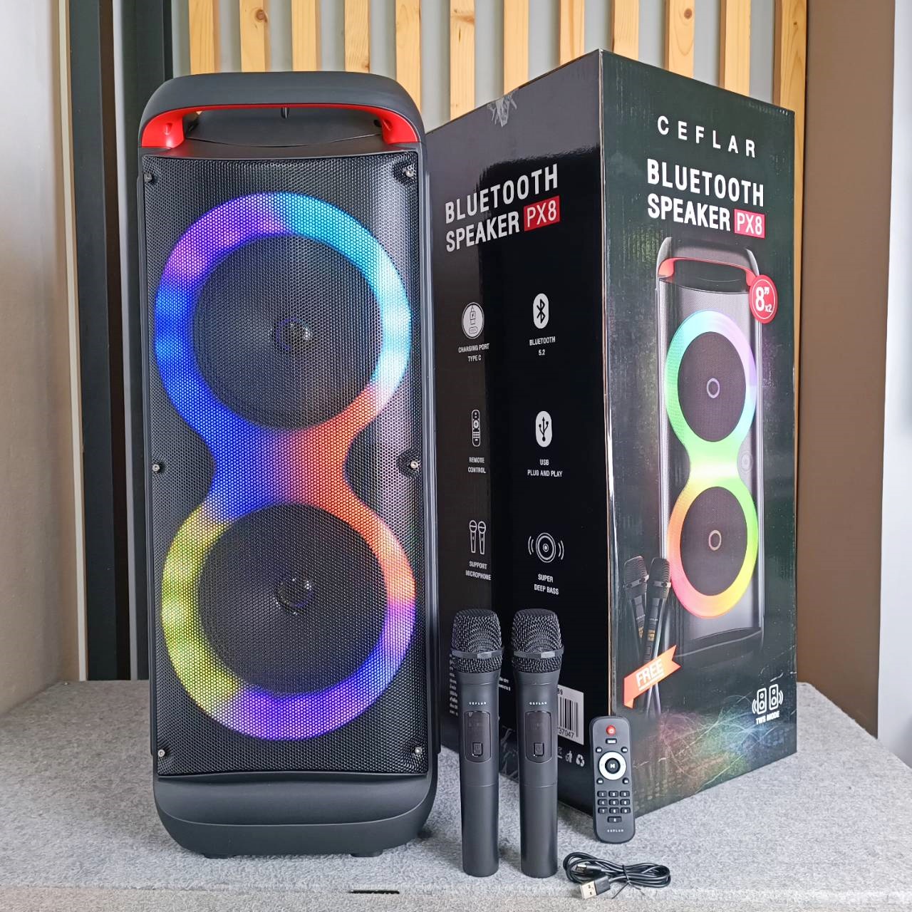 CEFLAR PX8 ลำโพง PARTY BOX ไมค์ลอย2ตัว ลำโพงเคลื่อนที่ ลำโพงปาร์ตี้ไร้สาย ลำโพง PX-8 PX 8 บลูทูธ เอไอ-ไพศาล