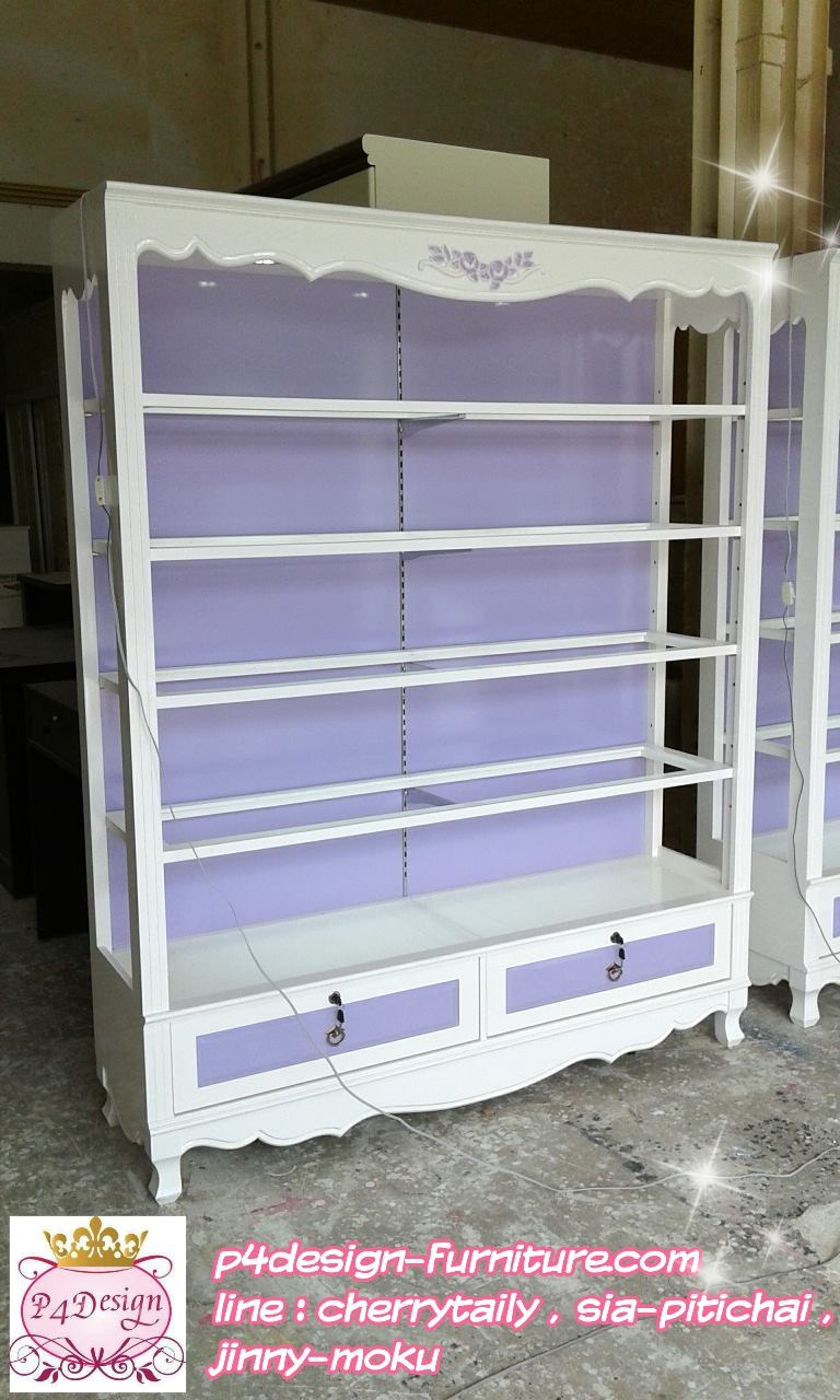 ตู้โชว์ชั้นวาง หลังทึบไม้ ซ้ายขวาหน้าโล่งทะลุ วินเทจสีขาว สำหรับบ้านร้านค้า