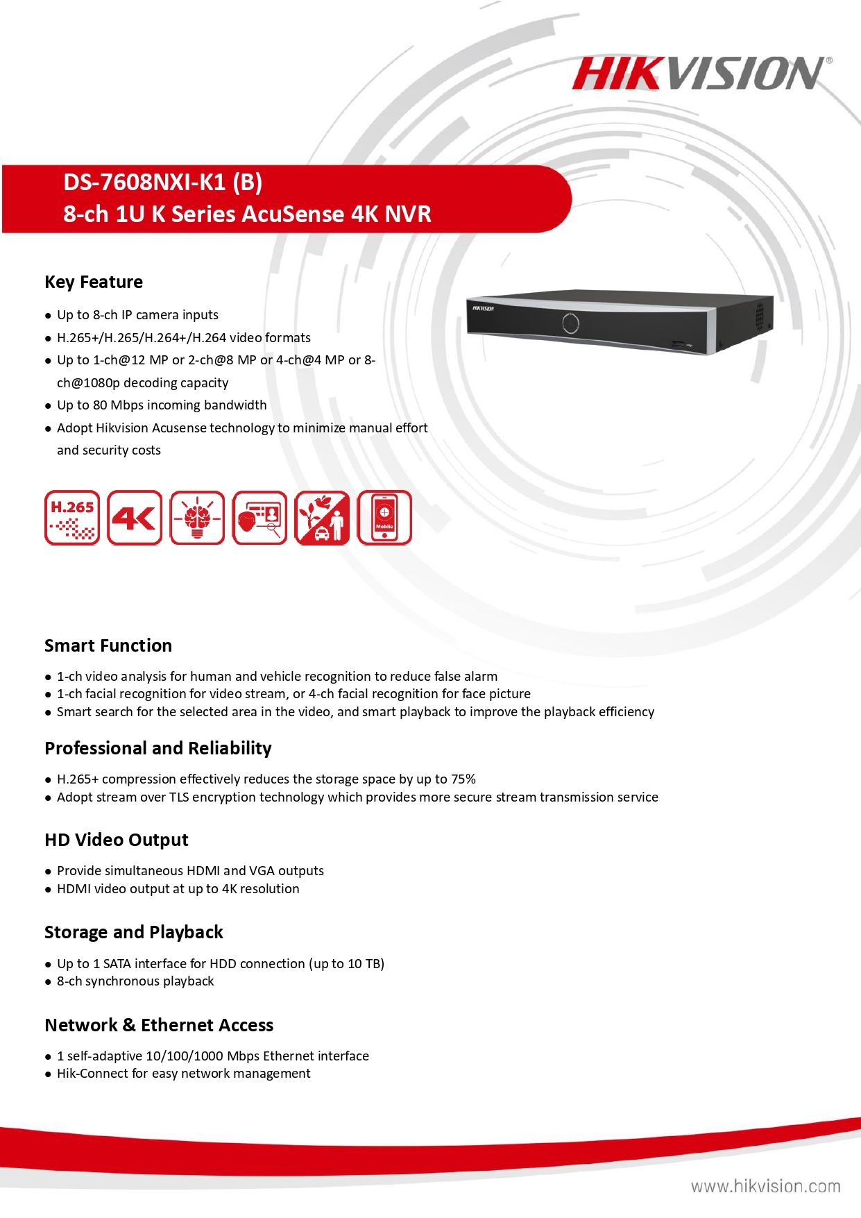 HIKVISION เครื่องบันทึกกล้องวงจรปิด NVR รุ่น DS-7608NXI-K1 Series AcuSense 4K 8ช่อง
