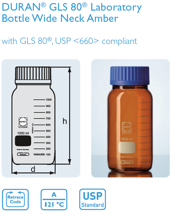 ขวดสีชา/ขวดมีเดีย/ขวดแก้วเก็บสารชนิดปากกว้าง, Bottle laboratory wide mouth - Duran