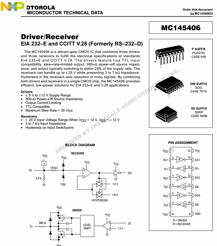 MC145406 (DIP16) EIA-232 Driver/Receiver