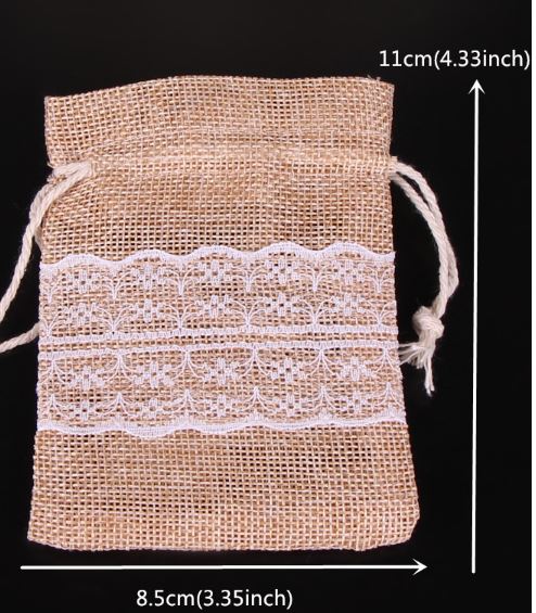 ถุงผ้าป่าน ถุงผ้าลินิน ถุงผ้ากระสอบ ขนาด 8.5x11cm ถุงผ้าใส่ของชำร่วย คาดลูกไม้ ขาว ดำ แบบวินเทจ 186625