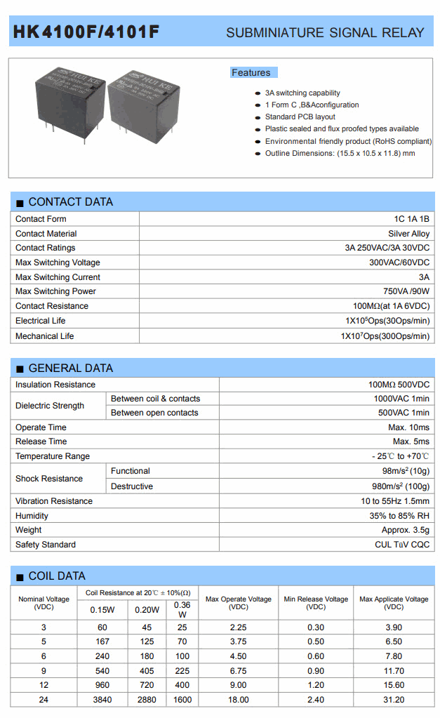 รีเลย์ RELAY HF4100F-DCxxx-SHG DC3V 5V 9V 12V