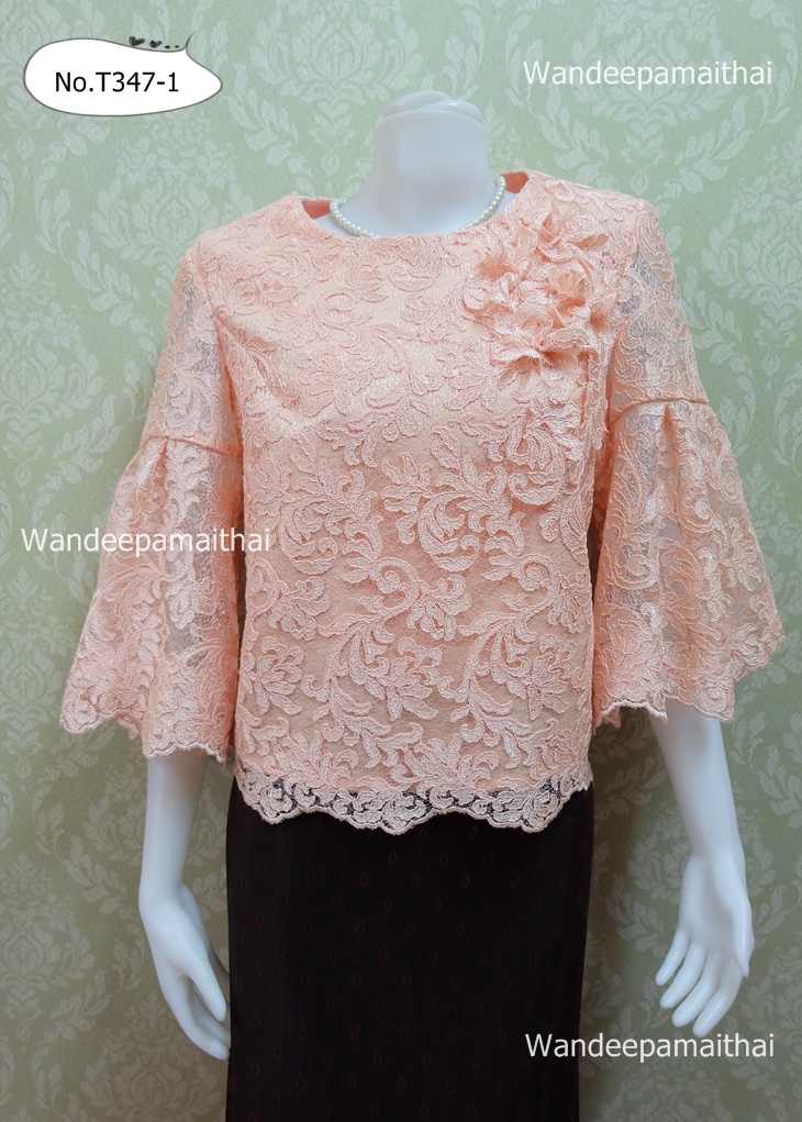 เสื้อลูกไม้ฝรั่งเศส อกแต่งดอกไม้ แขน3ส่วน สีส้ม เบอร์ XXXL อกเสื้อวัดจริง 44 นิ้ว
