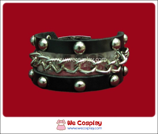 สร้อยข้อมือพังค์ Punk Wristband สีดำ สายเข็มขัด ตอกหมุด ประดับด้วยสายโซ่