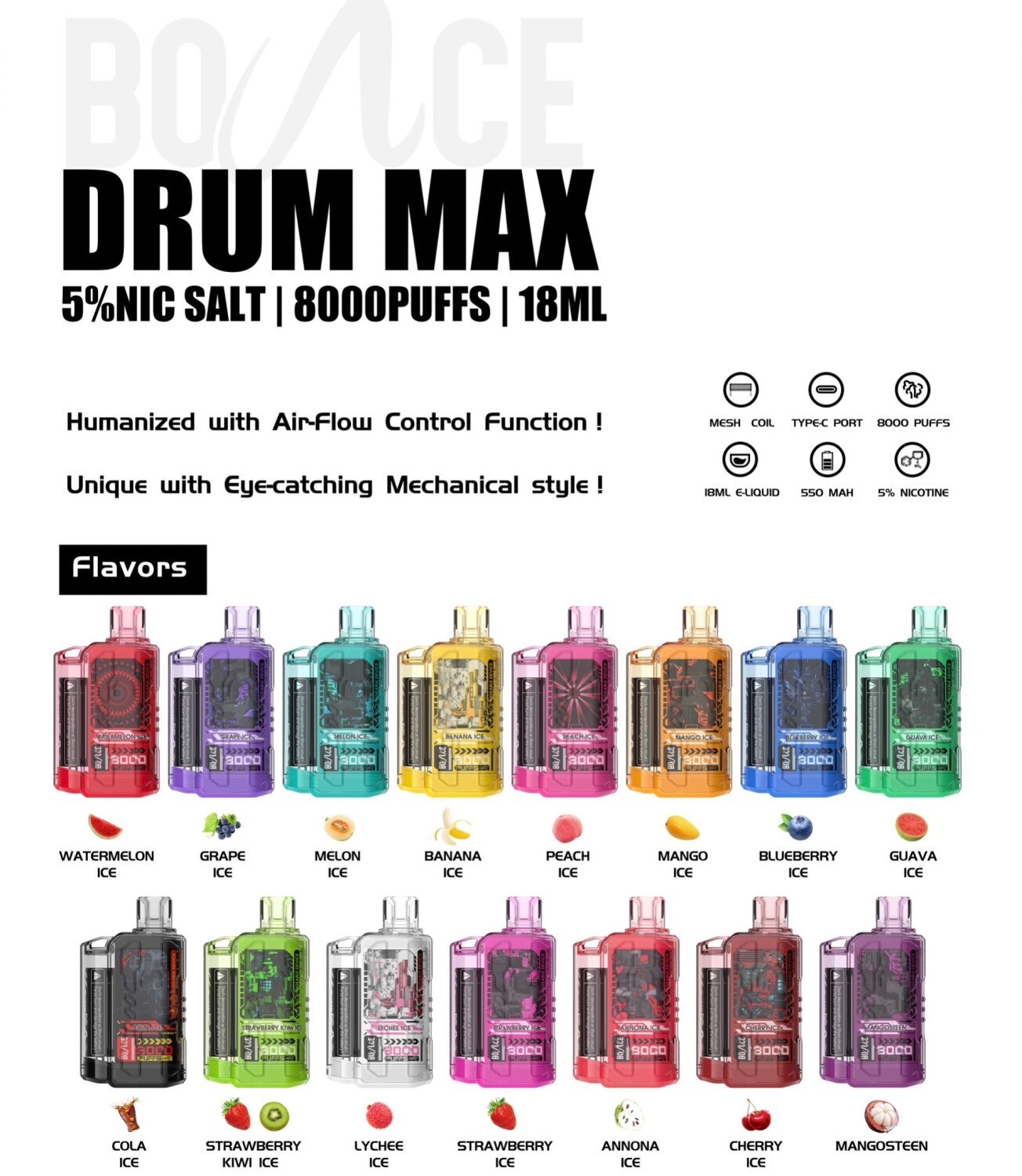 (📌โปรโมชั่น Bounce Drum Max Disposable 8000puffs Nic5%