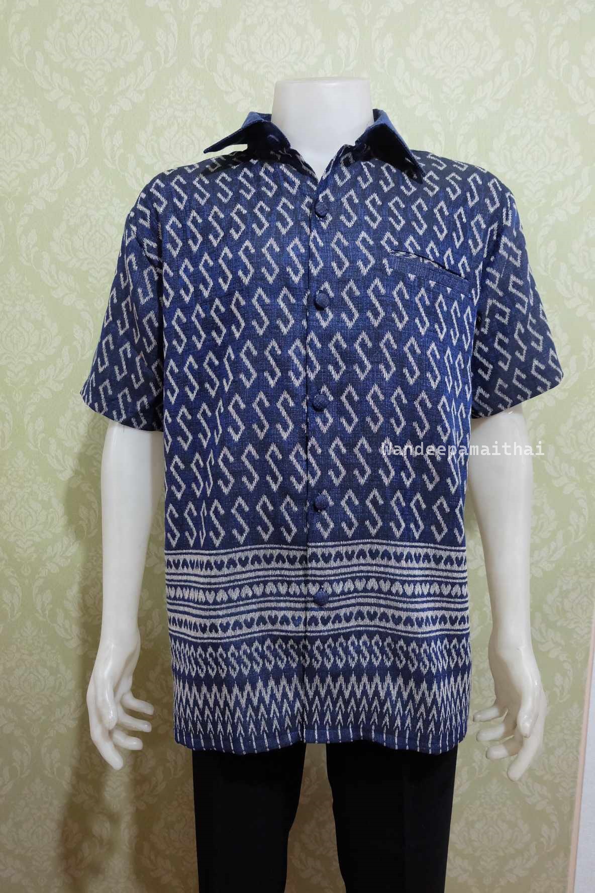 เสื้อลายขอผู้ชาย ผ้าฝ้ายทอลายเนื้อดี สีกรม 4XL อกเสื้อ50 นิ้ว