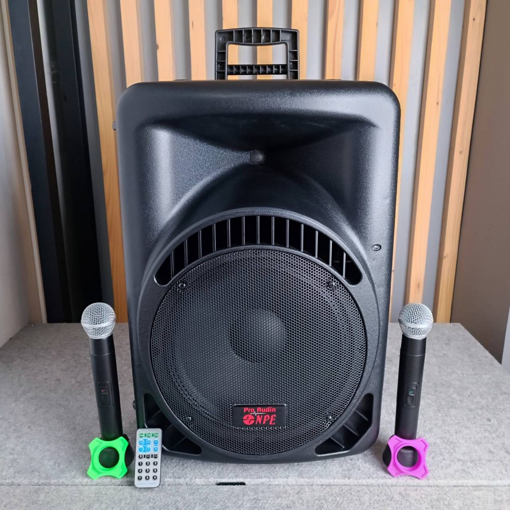 NPE ตู้ลำโพงมีแอมป์ MK-12BAT BLUETOOTH USB FM RECORD MK12 BAT พร้อมไมค์ลอย 2 ตัว มีแบตในตัวชาร์จได้ มีล้อลาก MK12BAT