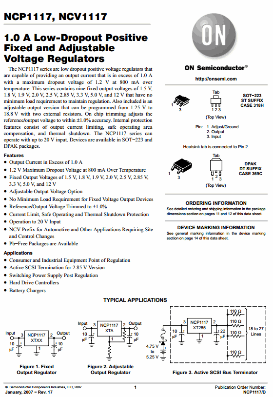 NCP1117DT50RKG (DPAK [TO-252]) 1A Low Drop Fixed Voltage Regulator 5V/1A