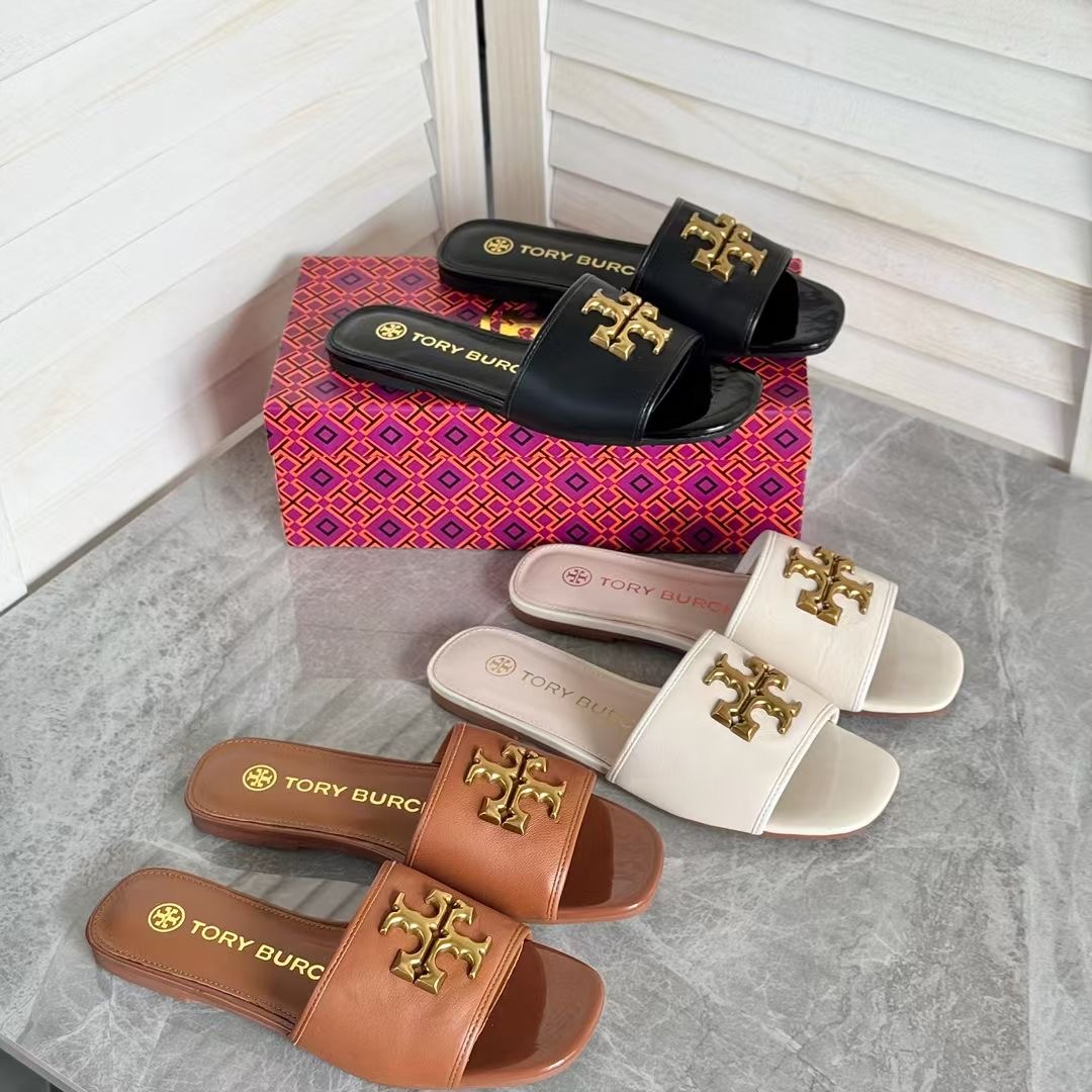 **do** รองเท้าแตะหนังแท้ Tory Burch โลโก้สีทอง มี 3 ของผู้หญิง สินค้าใหม่ ของแท้