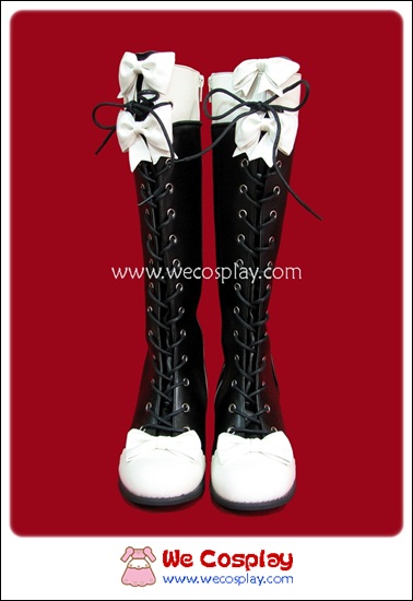 รองเท้าบู๊ทโกธิคโลลิต้าพังค์ ริบบ้อนเลซ สีดำ โบว์ขาว