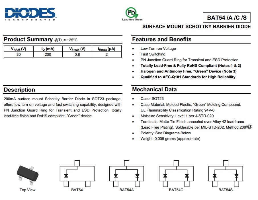 BAT54C (SOT-23) Schottky Diodes 30V 200mA