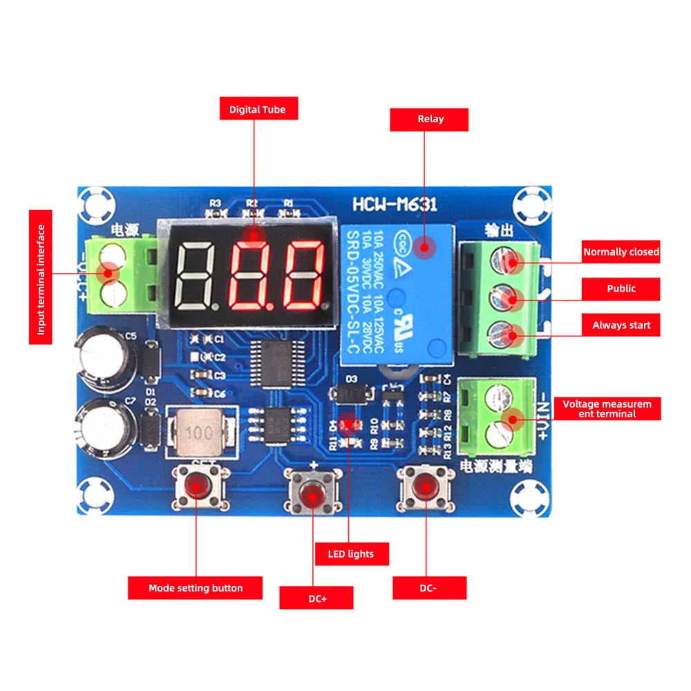 HCW-M631 (XH-M608) Battery Charge Discharge Module DC 6-40V Integrated Voltmeter Undervoltage Overvoltage Protection Timing Discharge Board