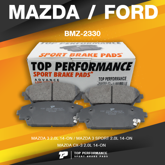 TOP PERFORMANCE (ประกัน 3 เดือน) ผ้าเบรค หน้า MAZDA3 / MAZDA 3 SPORT / CX-3 / 2.0 14-ON ตรงรุ่น - BMZ 2330 - MADE IN JAPAN - ผ้าเบรก มาสด้า สาม