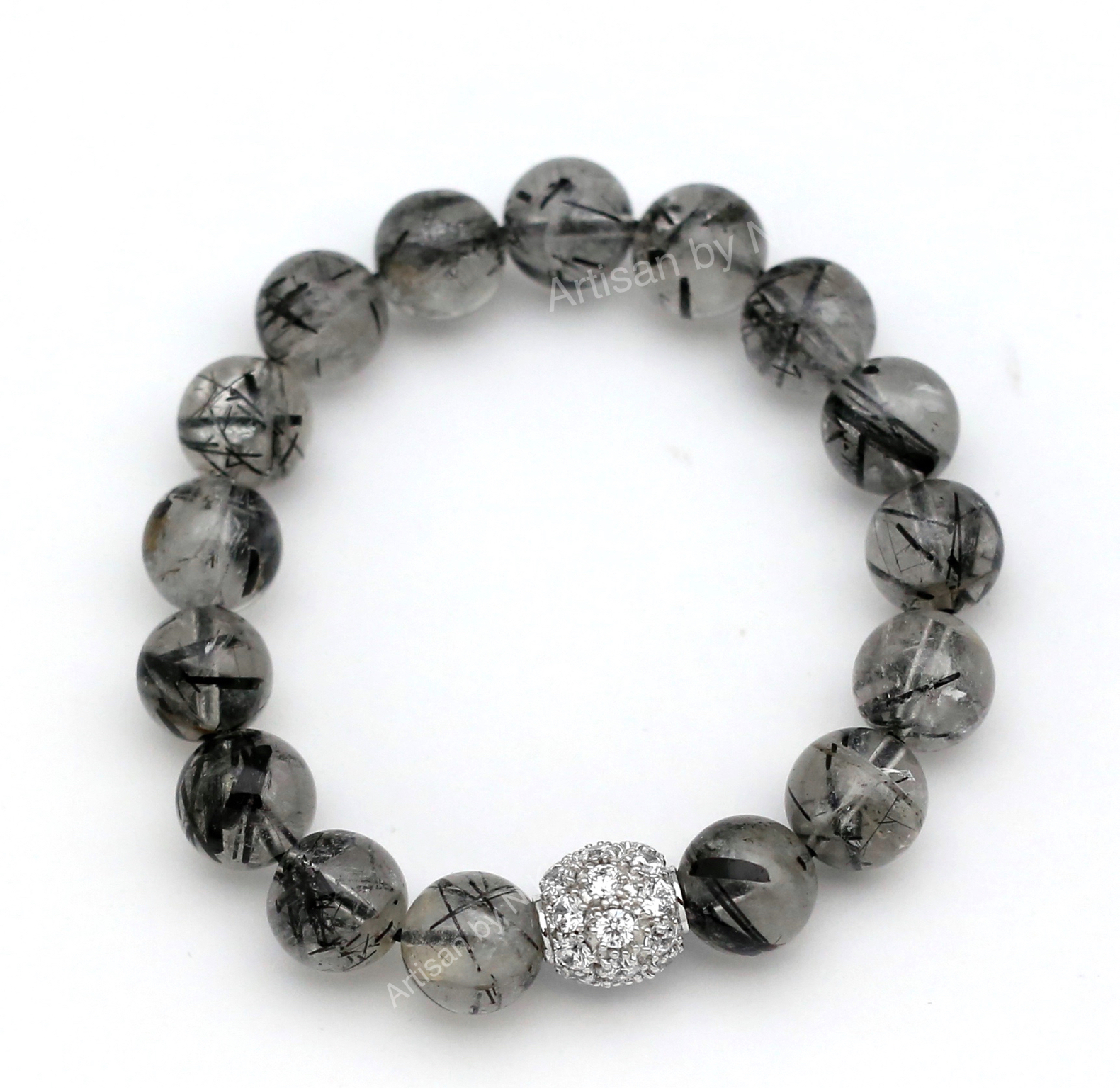 สร้อยข้อมือ ไหมดำ(Black Rutilated Quartz) ขนาด12มิลลิเมตรคั่นด้วยลูกปัดเงินฝังเพชรCZ