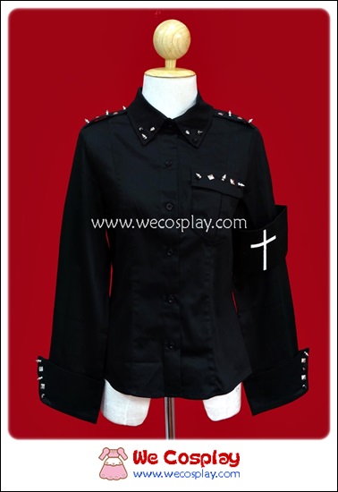 เสื้อเชิ้ตพังค์สีดำ ตอกหมุดหนาม Black Punk Shirt with White Cross Armband