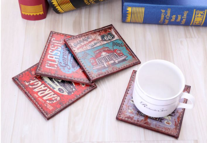 ของชำร่วย ของที่ระลึกงานแต่งงาน ไอเดีย เก๋ ที่รองแก้วน้ำหนัง Pu ลาย รถโบราณ Route 66 สไตล์วินเทจ 975995