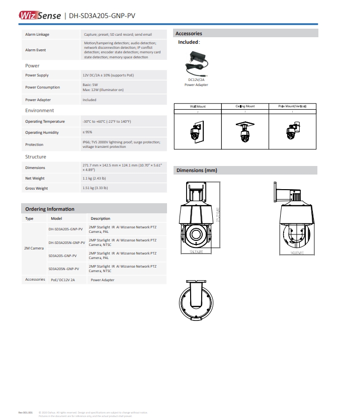 กล้องวงจรปิด Dahua 2MP Starlight AI WizSense Network PTZ Camera รุ่น DH-SD3A205-GNP-PV