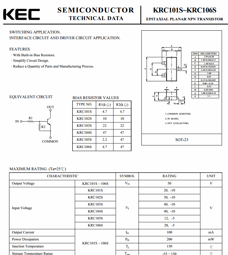 KRC102S (SOT-23) Transistor NPN 50V/0.1A,Switching Interface and Driver Circuit Application