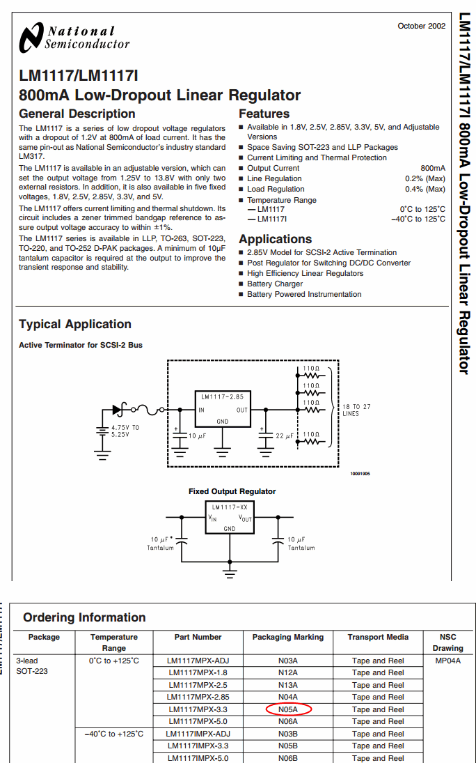 LM1117MPX-3.3V (SOT-223) 800mA Low-Dropout Linear Regulator