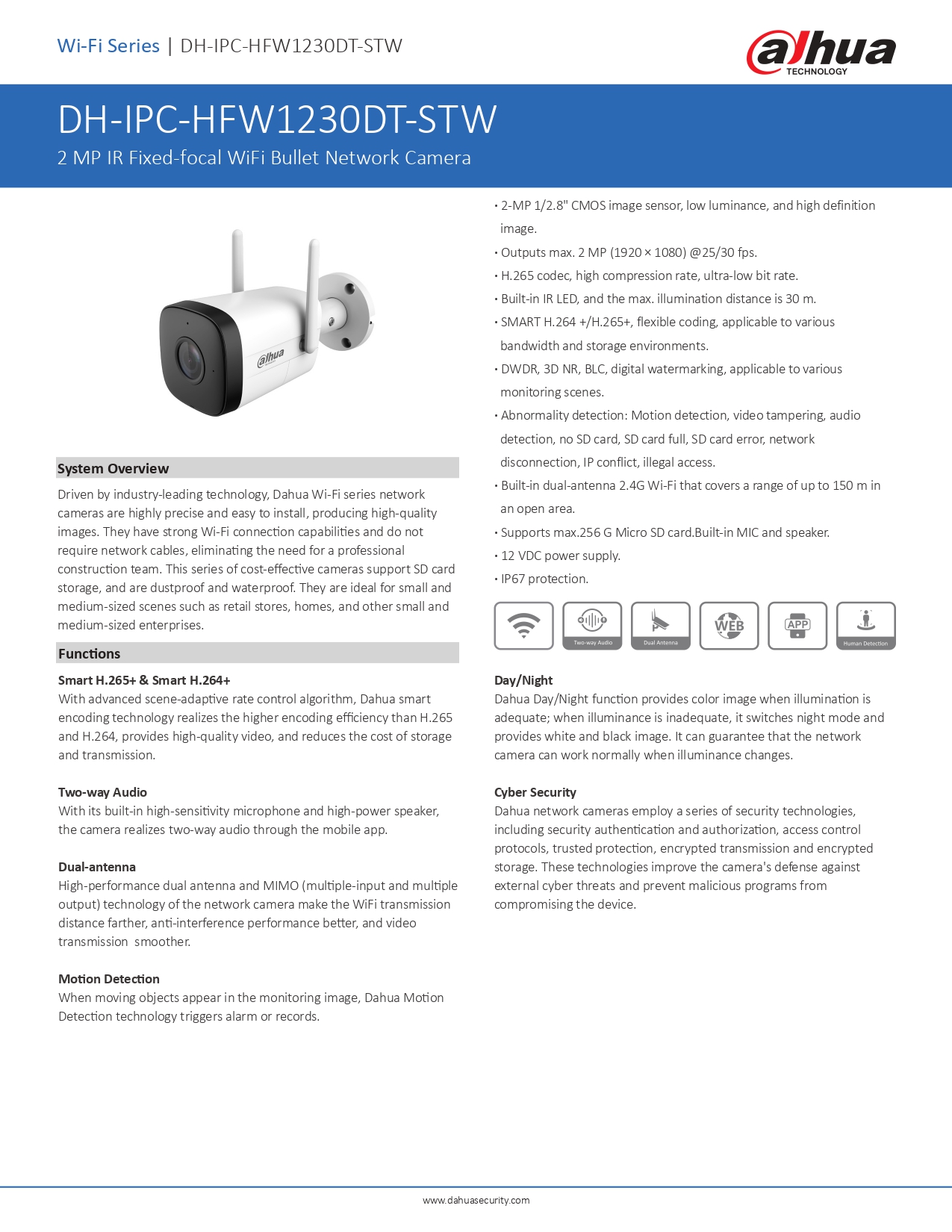 Dahua กล้องวงจรปิด Wifi รุ่น HFW1230DT-STW 2MP พูดโต้ตอบผ่านกล้องได้