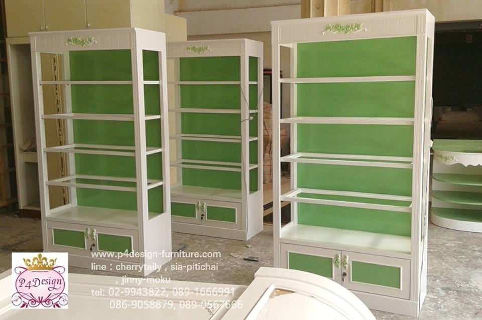 ตู้โชวชั้นวางหลังทึบไม้ วินเทจสีขาว สำหรับบ้านเเละร้านค้า