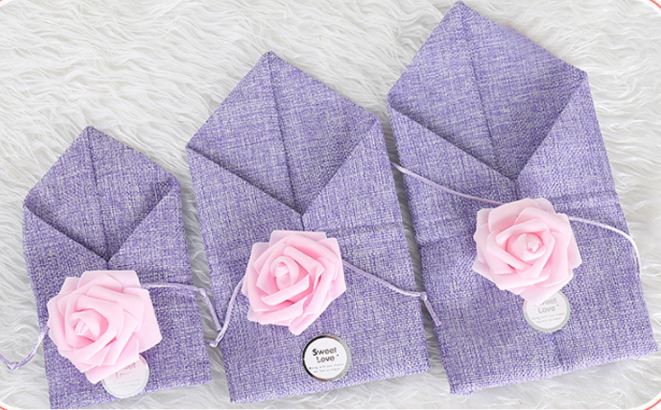 ถุงผ้าป่าน ถุงผ้าลินิน ถุงผ้ากระสอบ สีฟ้า สีชมพู สีแดง ถุงใส่ของชำร่วย สวย ๆ ติดดอกไม้ พร้อม tag 776197