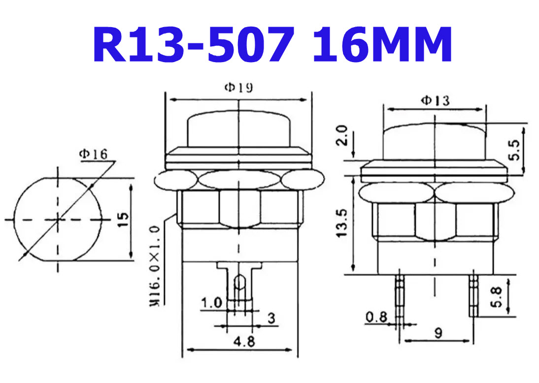 สวิตช์กดติดปล่อยดับ R13-507 250V 3A ขนาด 16MM Non lock