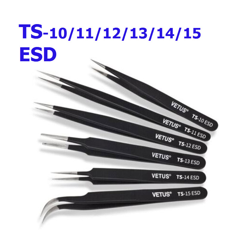 Vetus Tweezers(แหนบ) TS-10-11-12-13-14-15 ESD Stainless Steel Anti-static Tweezer Set for Electronic Repair