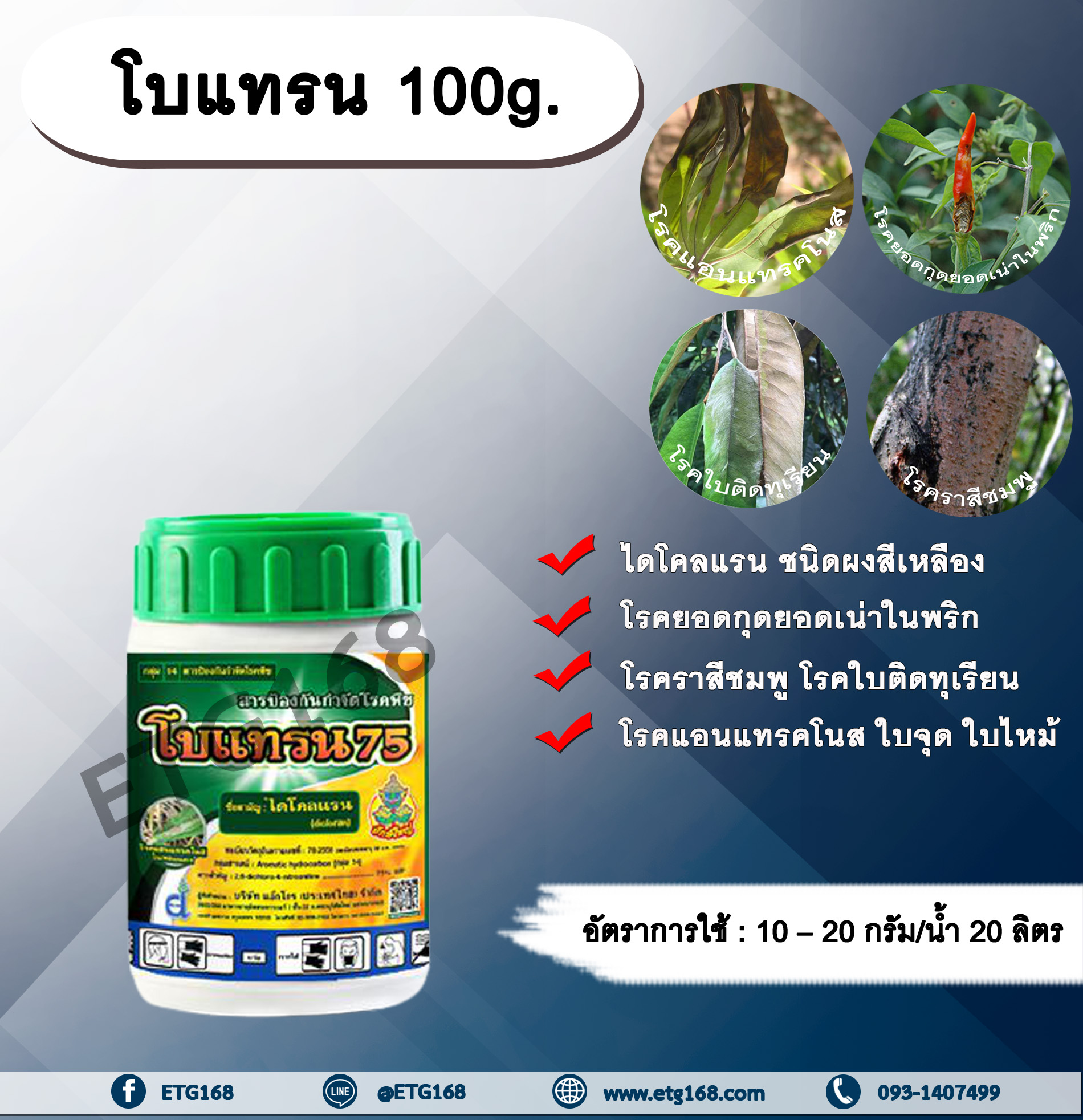 โบแทรน 100g. ไดคลอแรน สารกำจัดโรคพืช สารกำจัดเชื้อรา โรคยอดกุดยอดเน่าในพริก โรคราสีชมพู โรคใบติด ทุเรียน โรคแอนแทรคโนส โรคใบจุด โรคใบไหม้