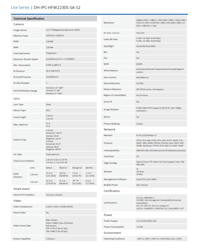 กล้องวงจรปิด Dahua 2MP Build-in Mic Bullet Network Camera รุ่น DH-IPC-HFW2230S-SA-S2 (3.6mm)