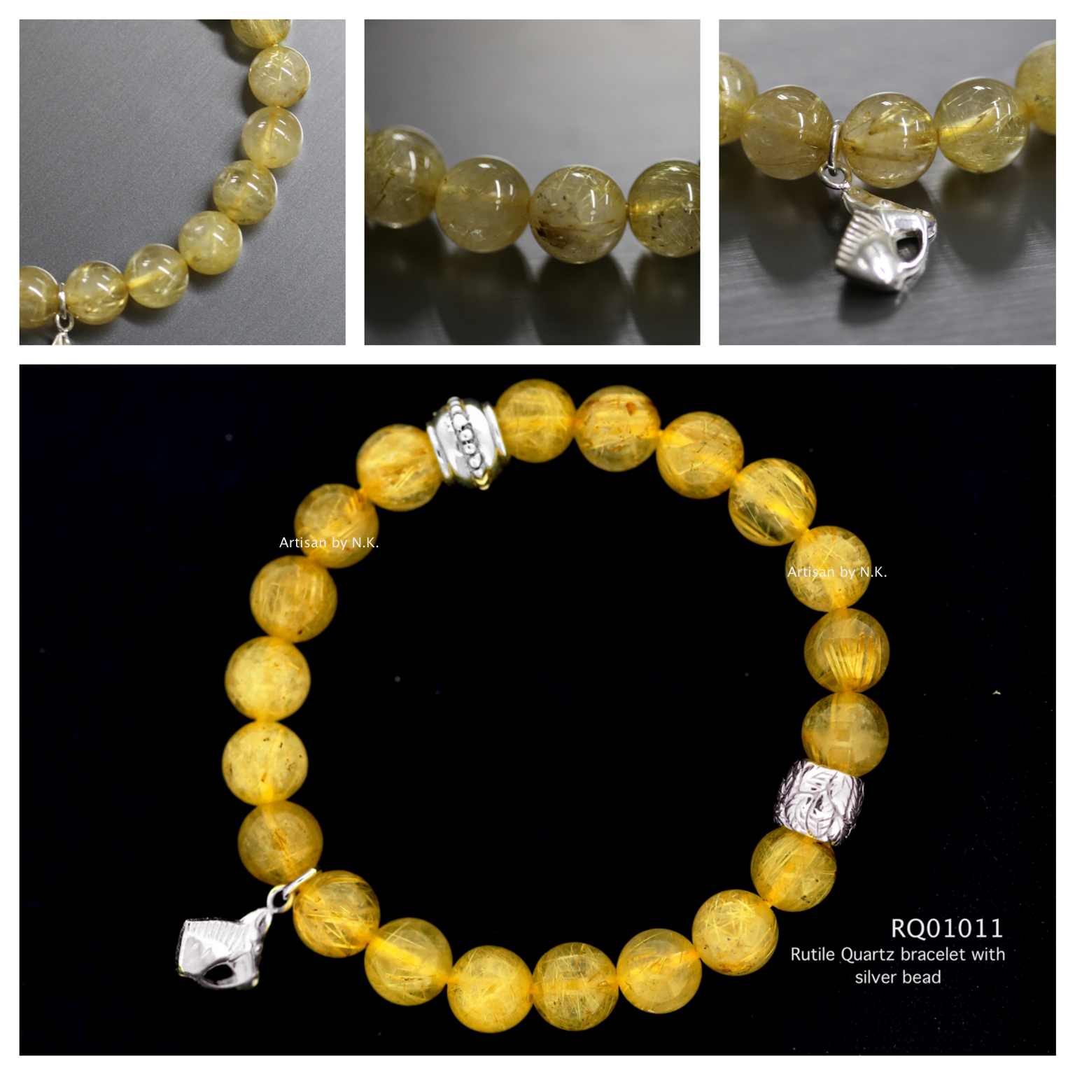 สร้อยข้อมือหินไหมทองคั่นลูกปัดเงิน(Natural rutile quartz bracelet with silver bead)
