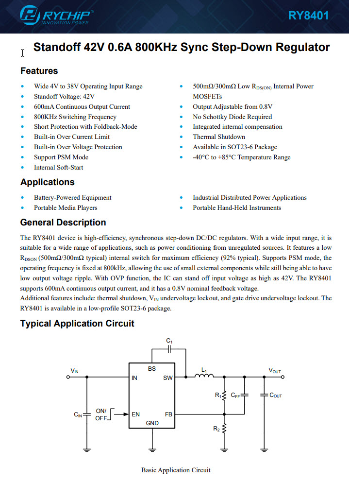 RY8401 Standoff 42V 0.6A 800KHz Sync Step-Down Regulator (HAE2B SOT23-6)
