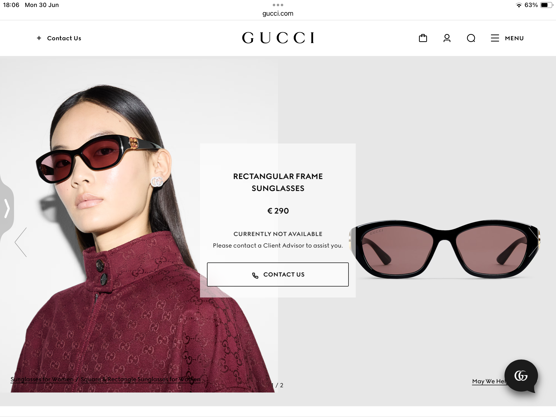 **do** แว่นตากันแดด Gucci RECTANGULAR FRAME SUNGLASSES สินค้าใหม่ ของแท้