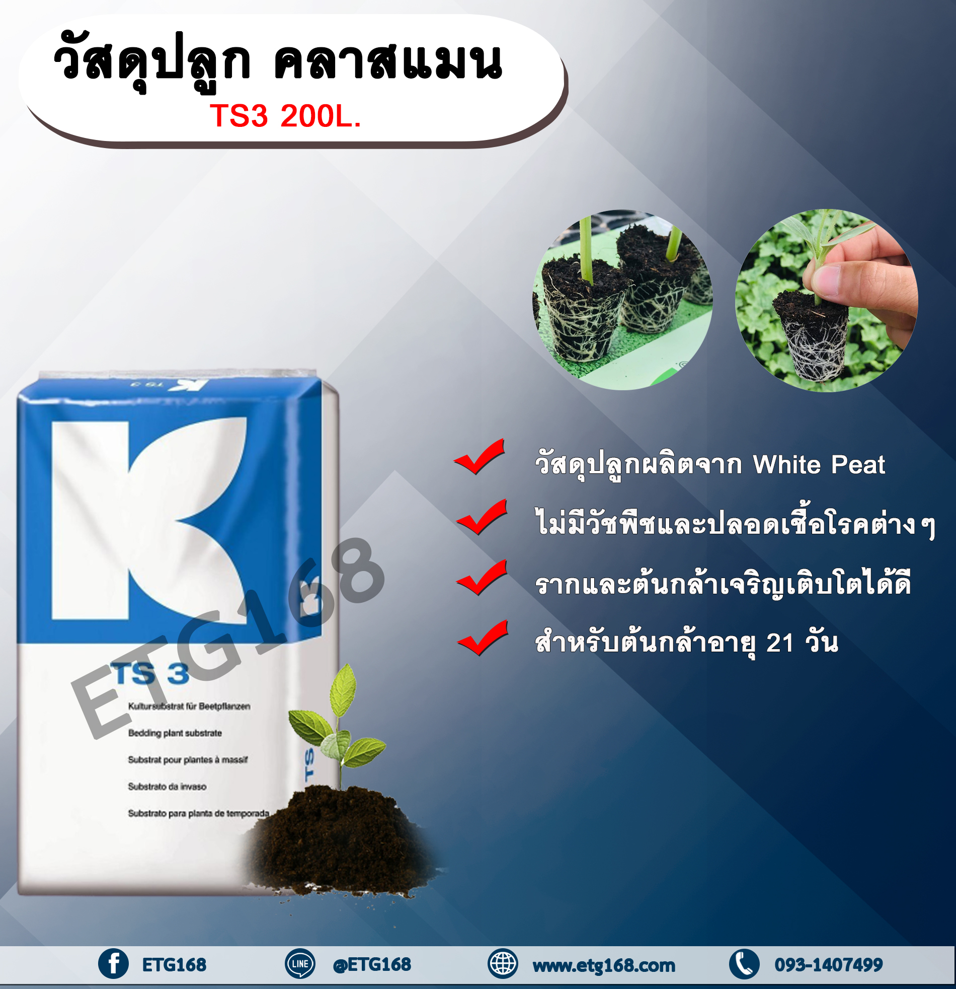 วัสดุปลูก คลาสแมน TS3 210L. ไวท์พีท พีทมอส ดินเพาะ วัสดุเพาะกล้า ดินเพาะต้นกล้า ดินปลูก ดินมีเดีย TS3 (1 คำสั่งซื้อต่อ 1 ออเดอร์)