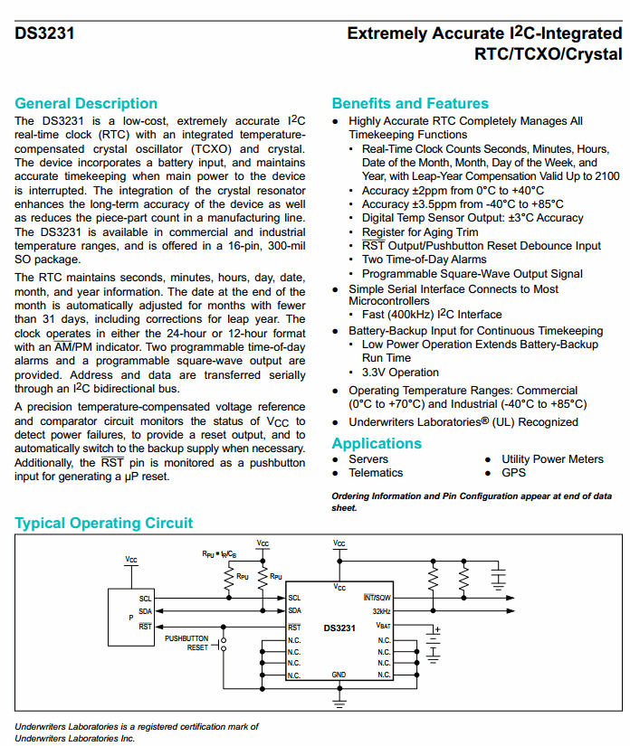 DS3231SN Extremely Accurate I²C-Integrated RTC/TCXO/Crystal