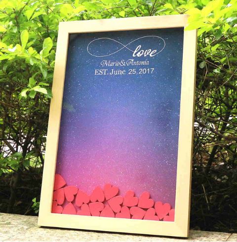 Guest Book DIY ดีไซน์เป็น กรอบรูปไม้ สีขาว ใช้แทนสมุด เขียนคำอวยพร งานแต่งงาน ด้านในลาย ท้องฟ้า ดวงดาว ใส่หัวใจ หยอดในกรอบรูปได้ แบบโรแมนติก 7095263