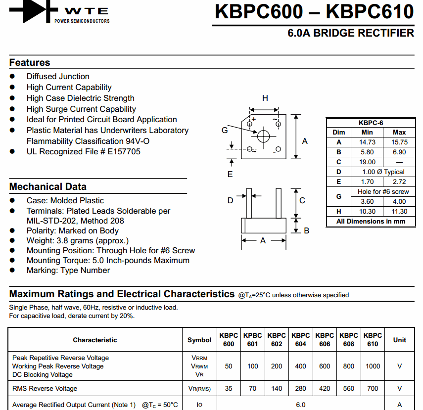 KBPC610 ไดโอดบริดจ์ 6A 1000V (Diode Bridge)