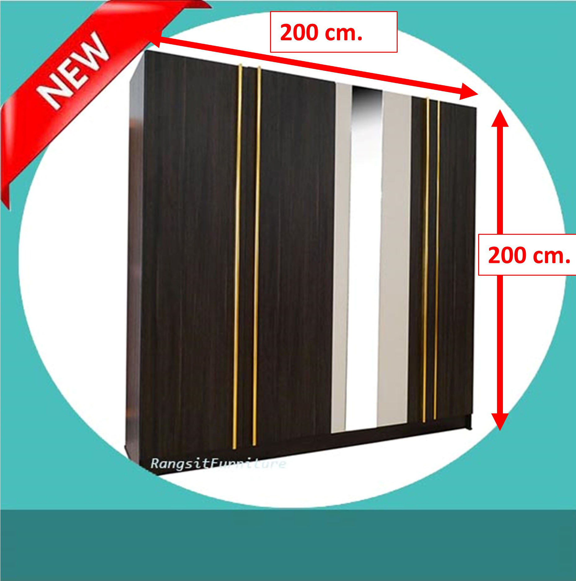 ตู้เสื้อผ้าขนาด200 cm คิ้วทอง สีโอีค หน้าบานกระจกเงา
