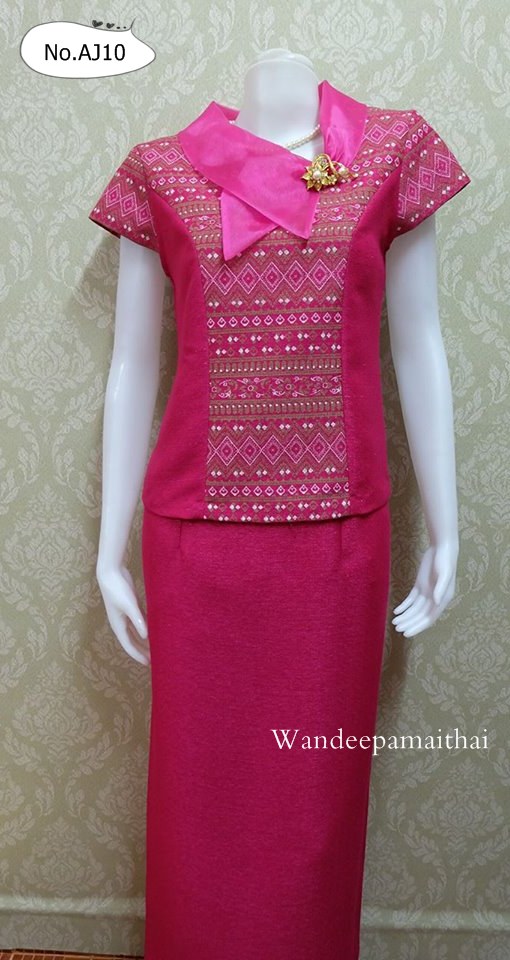 ชุดผ้าไหมญี่ปุ่น ปกแต่งผ้าแก้วพร้อมเข็มกลัด เสื้อ+กระโปรงยาว เบอร์ XL สีชมพูบานเย็น