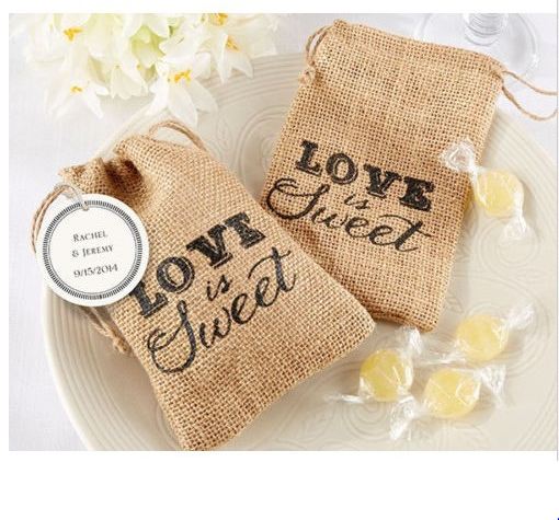 ถุงใส่ของชำร่วย ถุงผ้ากระสอบ ขนาด 10x14 cm สีน้ำตาล พิมพ์ ลาย Love is Sweet ถุงป่าน วัสดุ จากธรรมชาติ สไตล์วินเทจ 720803