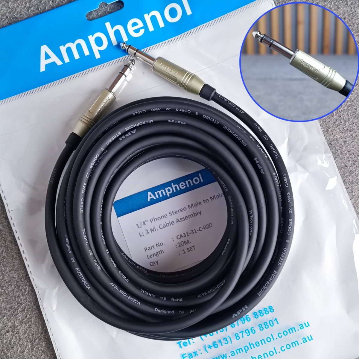 ยาว20เมตร AMPHENOL สาย PHONE STEREO หัวท้าย 20เมตร CA31-31-C-020 สายTRSหัวท้าย สายแจ็คไมค์สเตอริโอ สายสัญญาณสำเร็จรูป เอไอ-ไพศาล