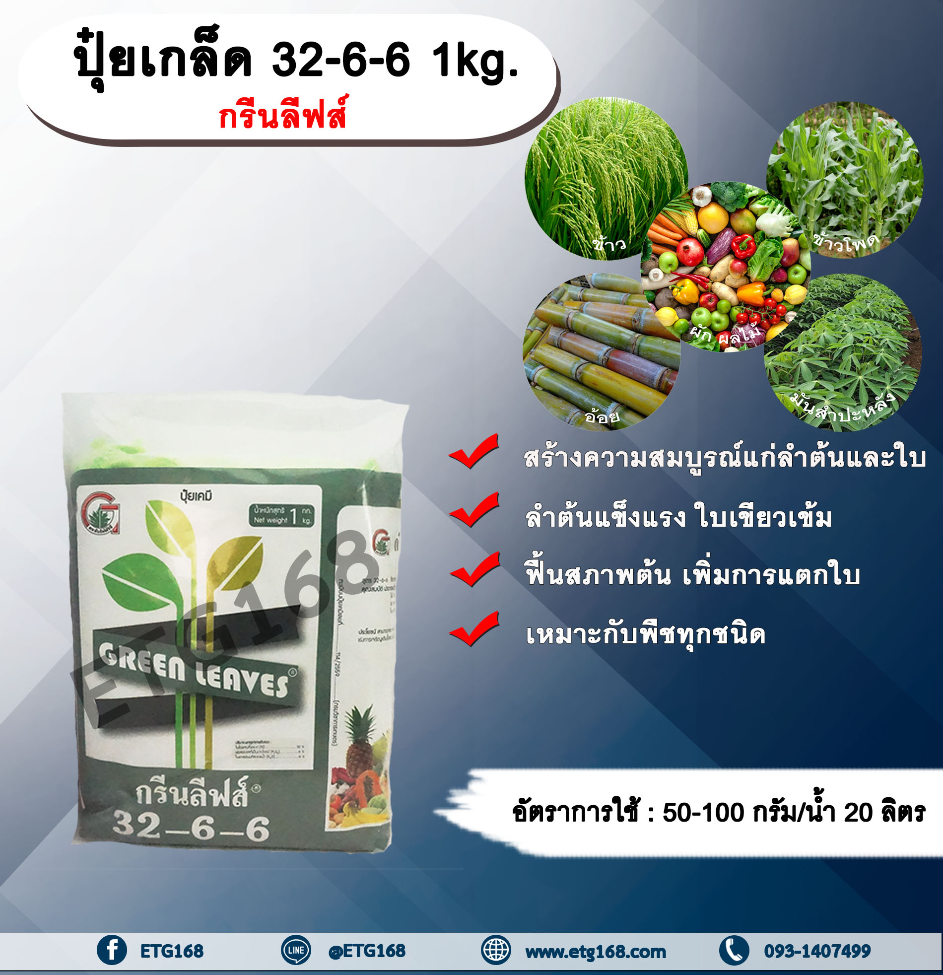 ปุ๋ยเกล็ด กรีนลีฟส์ สูตร 32-6-6 1kg. ปุ๋ยเกล็ดฉีดพ่นทางใบ เร่งต้น เร่งใบ เร่งโต ออกเถา แตกยอด แตกกอ ปุ๋ยผง NPK