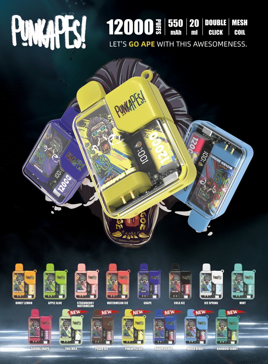 Punkapes Disposable Pod 12000 Puffs Nic5% (50mg) 20ML 550mAh ชาร์จได้