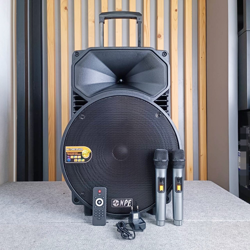 NPE TB-15BAT ลำโพงล้อลาก 15นิ้ว ตู้ลำโพงมีแอมป์ BLUETOOTH USB FM RECORD พร้อมไมค์ลอย 2 ตัว มีแบตในตัวชาร์จได้ มีล้อลาก TB 15BAT TB15BAT เอไอ-ไพศาล
