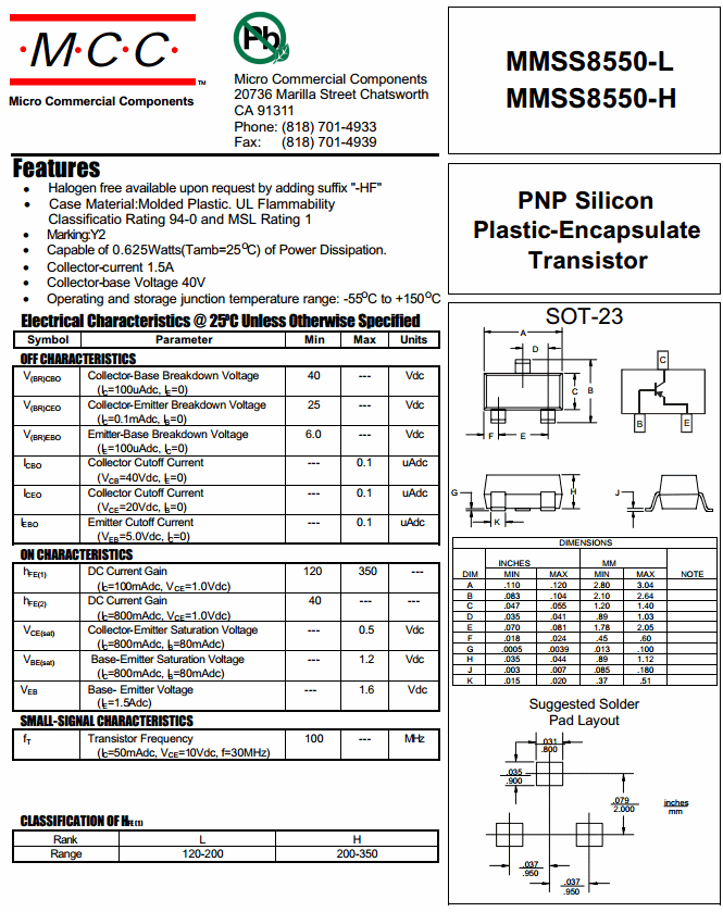 SS8550 Y2 MMSS8550 (SOT-23) PNP Bipolar Transistors - BJT 625mW, 25V, 1500mA