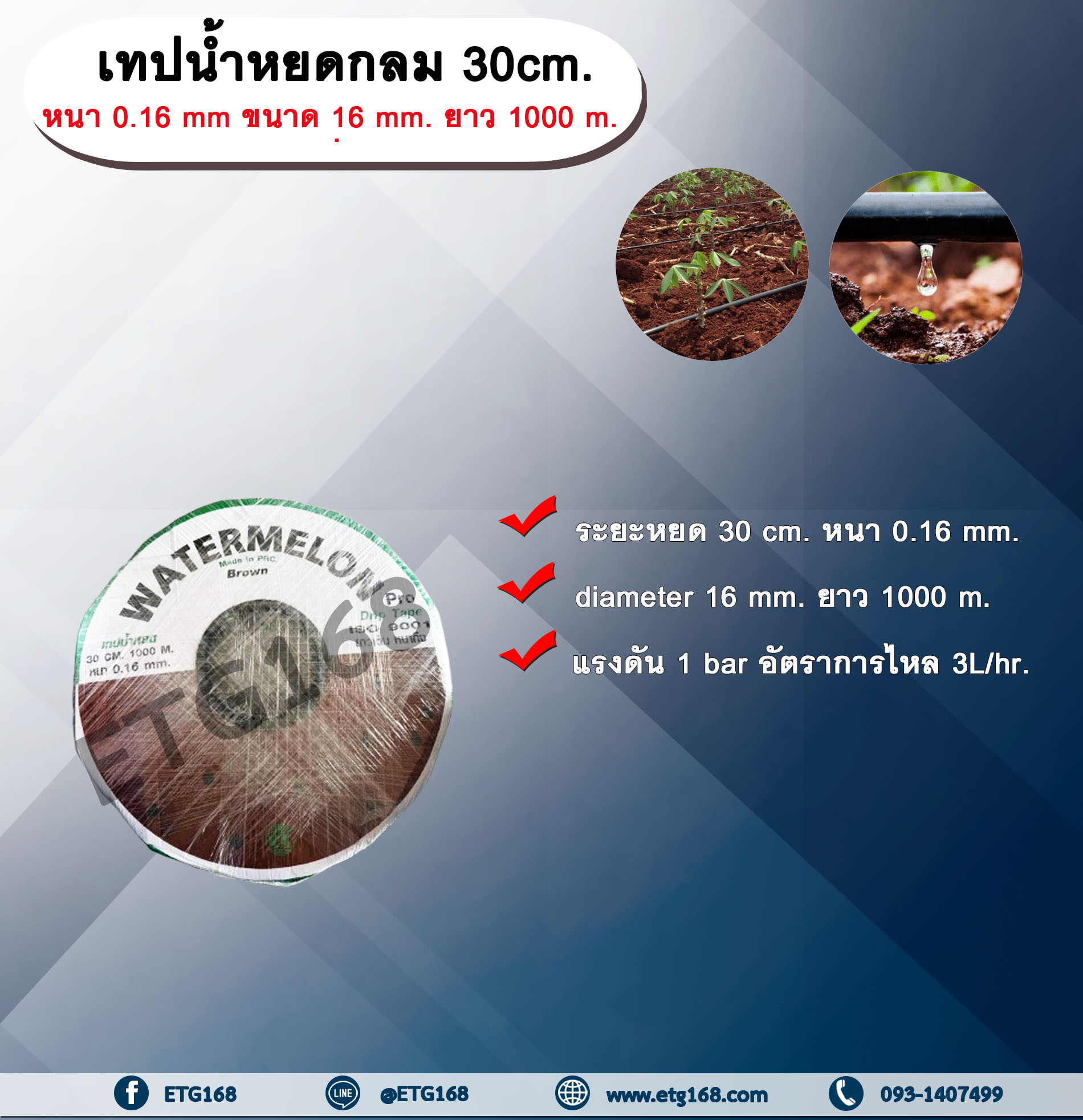 เทปน้ำหยด 30 cm. หนา 0.16 mm ขนาด 16 mm. ยาว 1000 m. ตราแตงโมน้ำตาล เทปน้ำหยด สายน้ำหยด แบบกลม แบบกิ๊ป ระยะห่างรู 30 cm. หนา 0.16 mm. ยาว 1000 m. Drip Tape