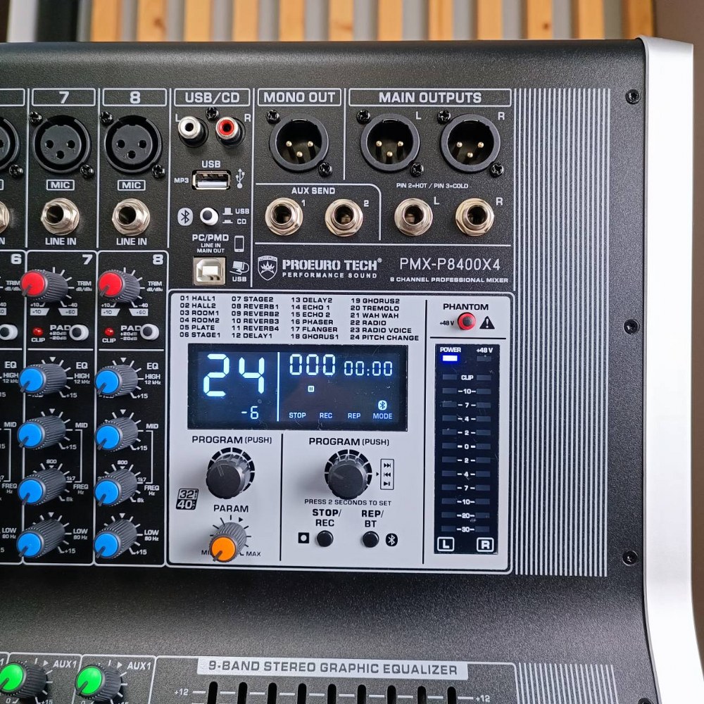 PROEUROTECH PMX-P8400 X4 POWERMIXER+บูลทูส เพาเวอร์มิกเซอร์ รุ่นใหม่ โปรยูโรเทค 8 ช่องไมค์ 4 ช่องขับลำโพง 400 วัตต์ ตัดความถี่ซับได้ PMXP8400X4 เอไอ-ไพศาล