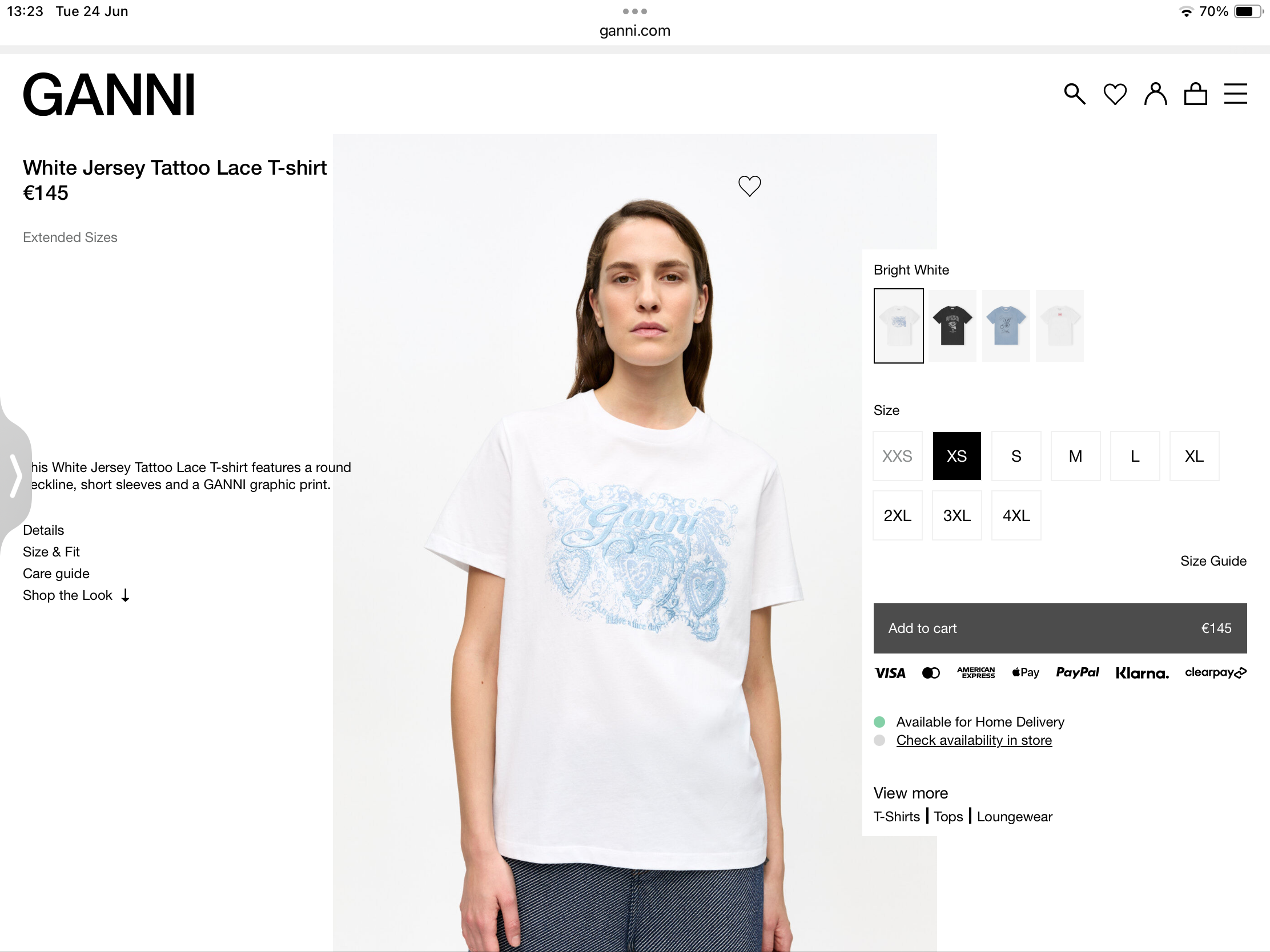 **do** เสื้อยืด Ganni White Jersey Tattoo Lace T-shirt ใส่ได้ ชาย หญิง สินค้าใหม่ ของแท้