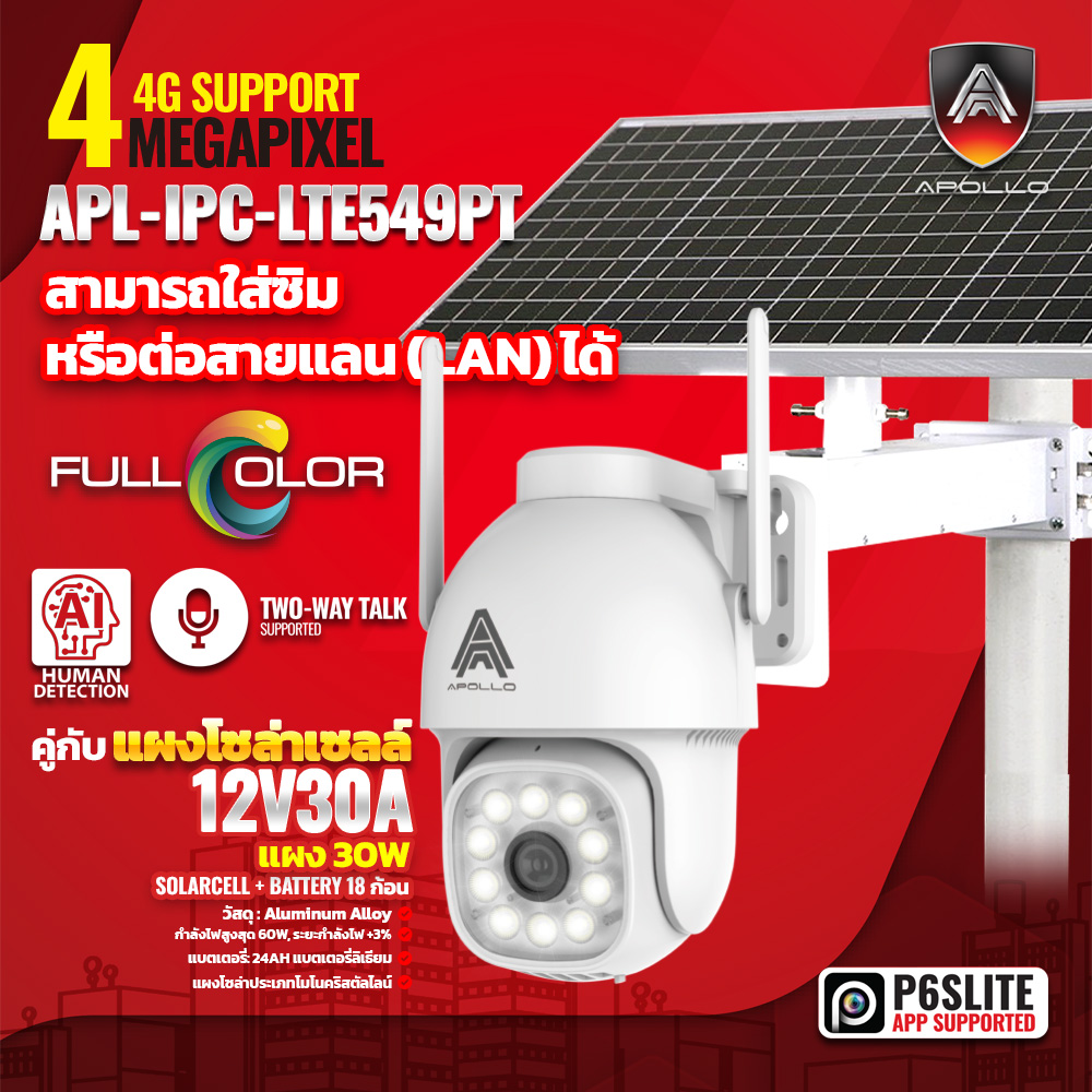 กล้อง 4G 4 ล้านพิกเซล APL-IPC-LTE549PT + พร้อมแผงโซล่าเซลล์ 12V30A